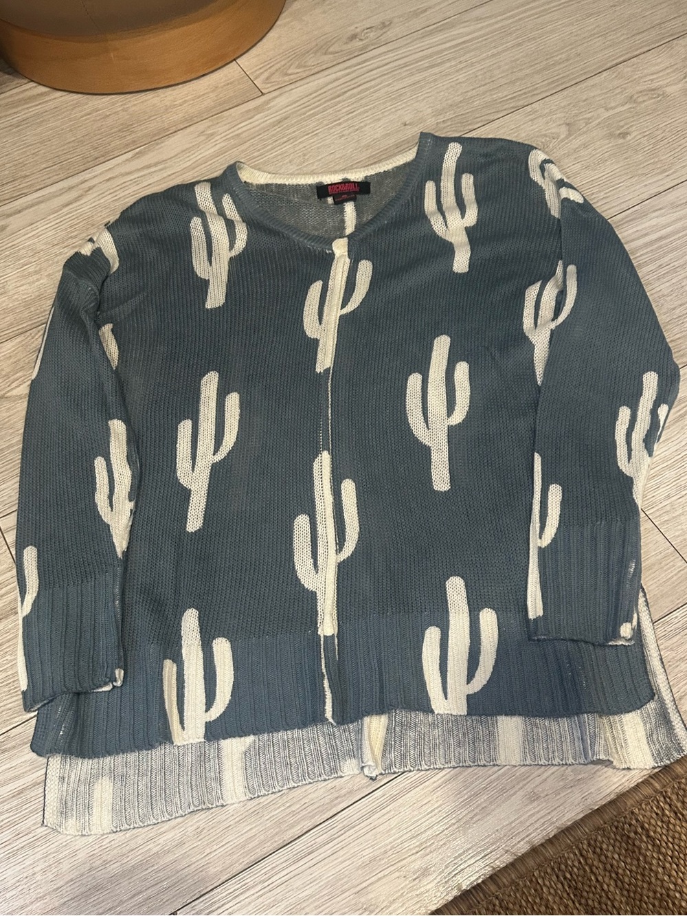Rock & Roll Cowgirl Blue Cactus Print Zip Cardigan Small Oversized